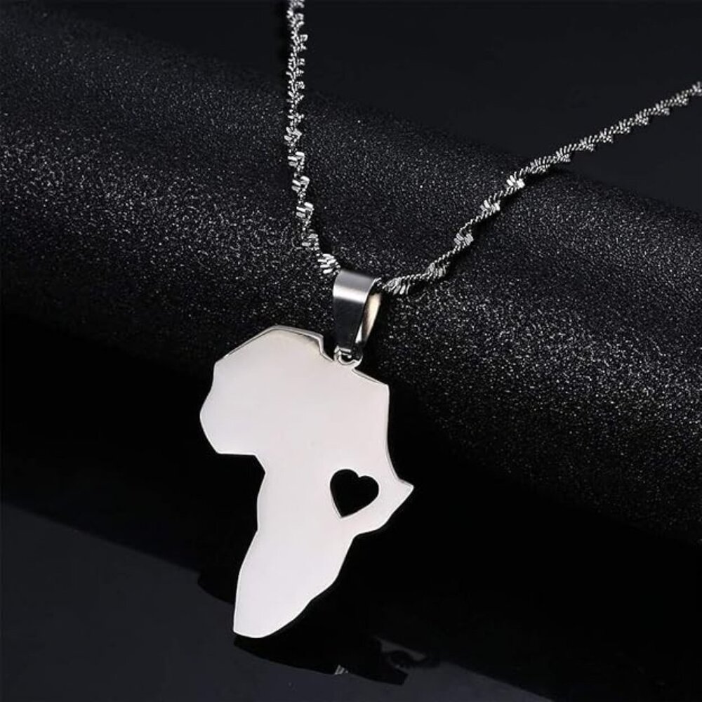 Silver Africa Map Necklace Heart Jewelry, Women Men Gift, Stainless Steel